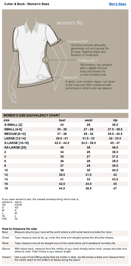 Cutter And Buck Women S Size Chart